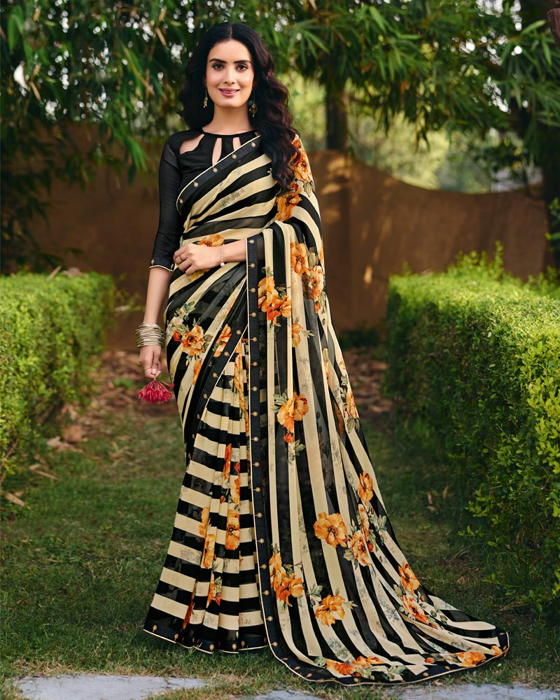 Vishal Prints Black Cream Digital Print Georgette Saree With Fancy Embroidery Border