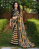 Vishal Prints Black Cream Digital Print Georgette Saree With Fancy Embroidery Border
