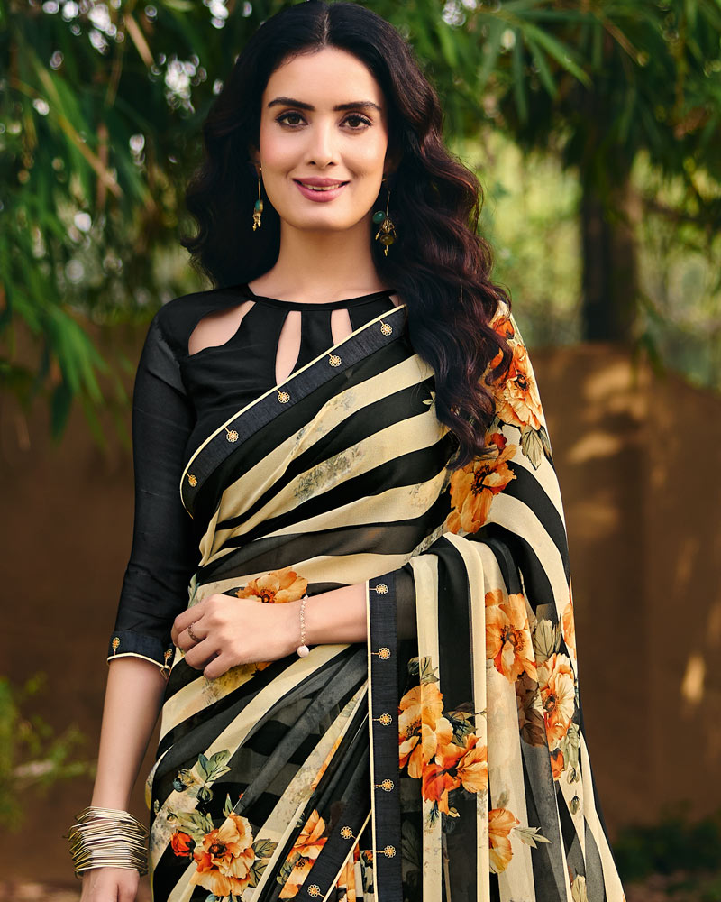 Vishal Prints Black Cream Digital Print Georgette Saree With Fancy Embroidery Border