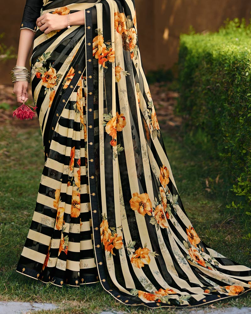 Vishal Prints Black Cream Digital Print Georgette Saree With Fancy Embroidery Border