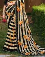 Vishal Prints Black Cream Digital Print Georgette Saree With Fancy Embroidery Border