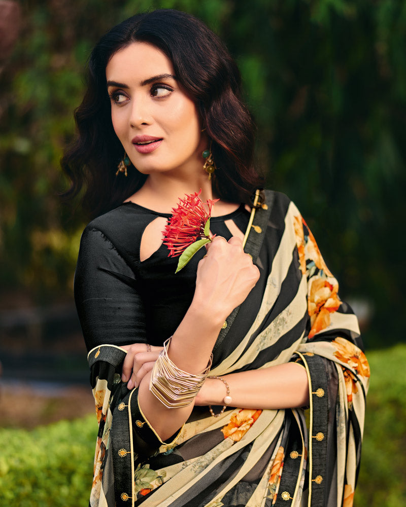 Vishal Prints Black Cream Digital Print Georgette Saree With Fancy Embroidery Border