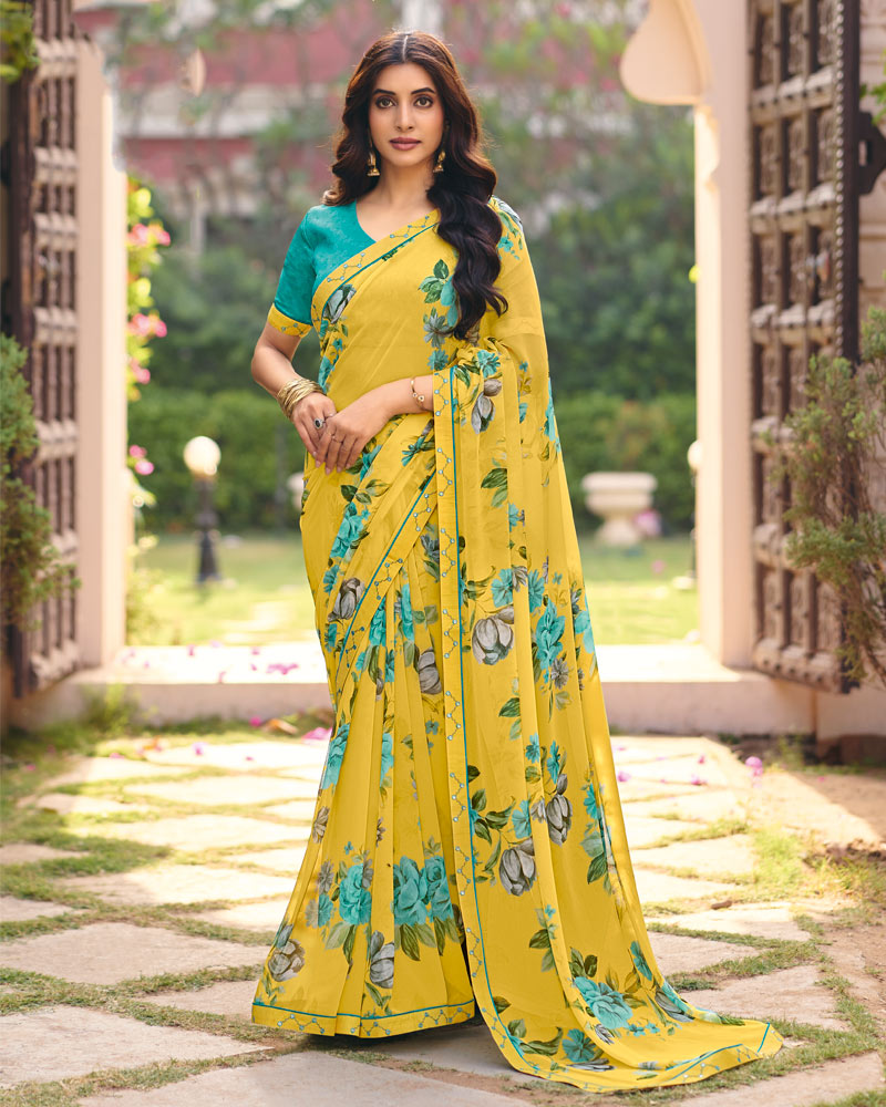 Vishal Prints Bright Yellow Digital Print Georgette Saree With Fancy Embroidery Border