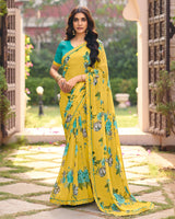 Vishal Prints Bright Yellow Digital Print Georgette Saree With Fancy Embroidery Border