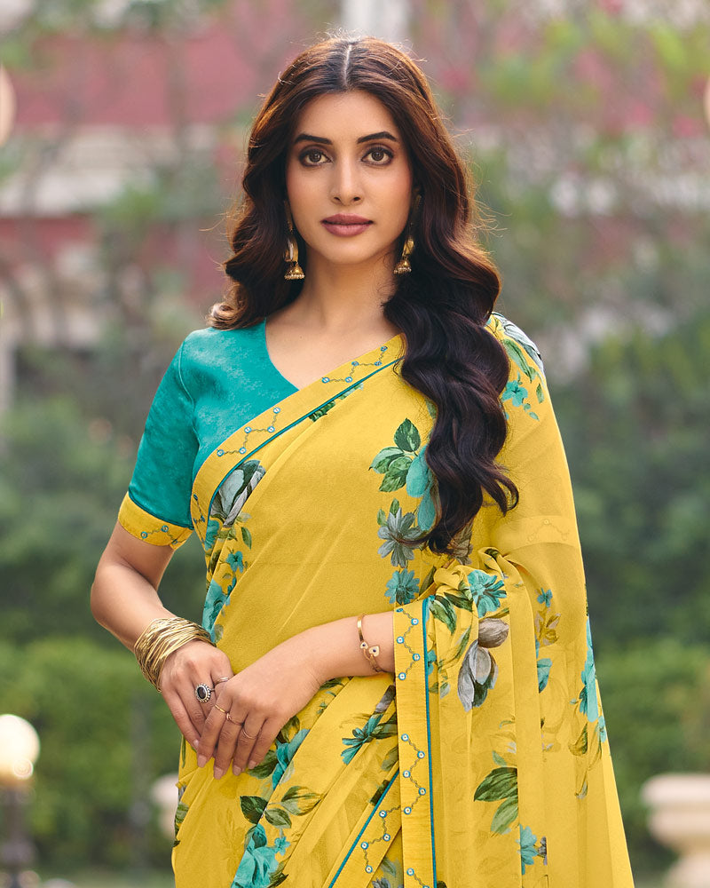 Vishal Prints Bright Yellow Digital Print Georgette Saree With Fancy Embroidery Border