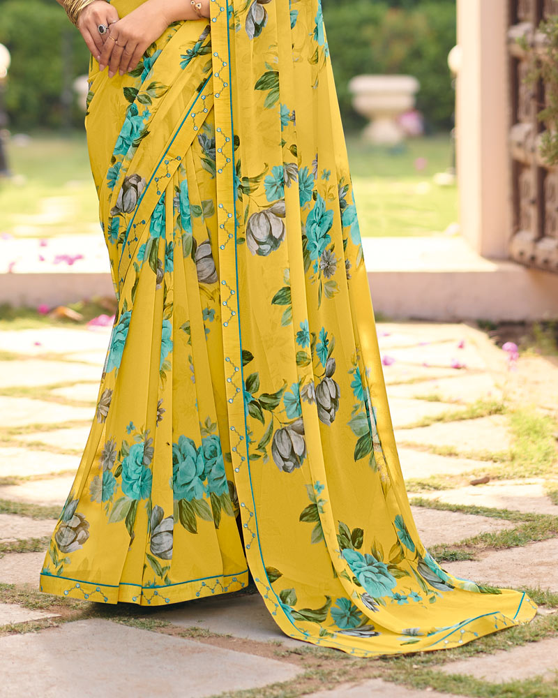 Vishal Prints Bright Yellow Digital Print Georgette Saree With Fancy Embroidery Border