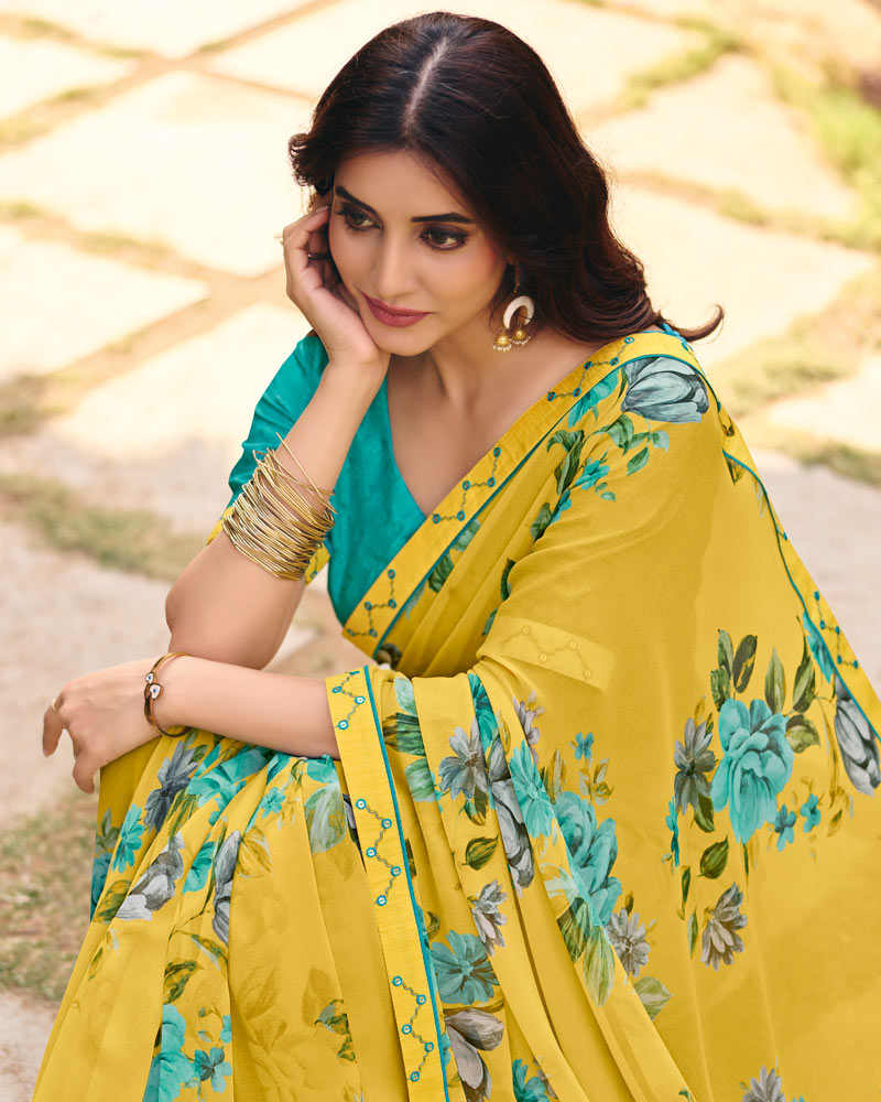 Vishal Prints Bright Yellow Digital Print Georgette Saree With Fancy Embroidery Border