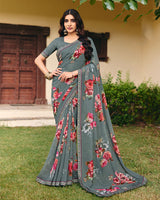 Vishal Prints Slate Grey Digital Print Georgette Saree With Fancy Embroidery Border