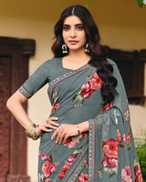 Vishal Prints Slate Grey Digital Print Georgette Saree With Fancy Embroidery Border