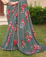 Vishal Prints Slate Grey Digital Print Georgette Saree With Fancy Embroidery Border