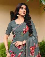 Vishal Prints Slate Grey Digital Print Georgette Saree With Fancy Embroidery Border