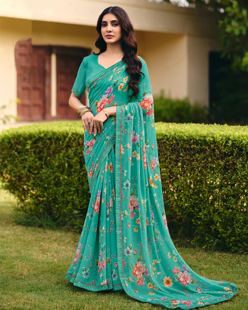 Vishal Prints Teal Green Digital Print Georgette Saree With Fancy Embroidery Border
