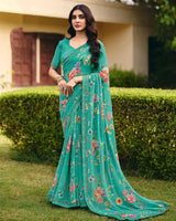 Vishal Prints Teal Green Digital Print Georgette Saree With Fancy Embroidery Border