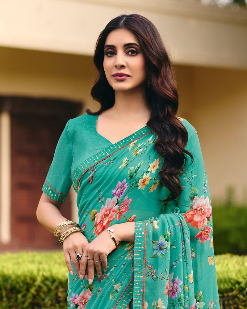 Vishal Prints Teal Green Digital Print Georgette Saree With Fancy Embroidery Border