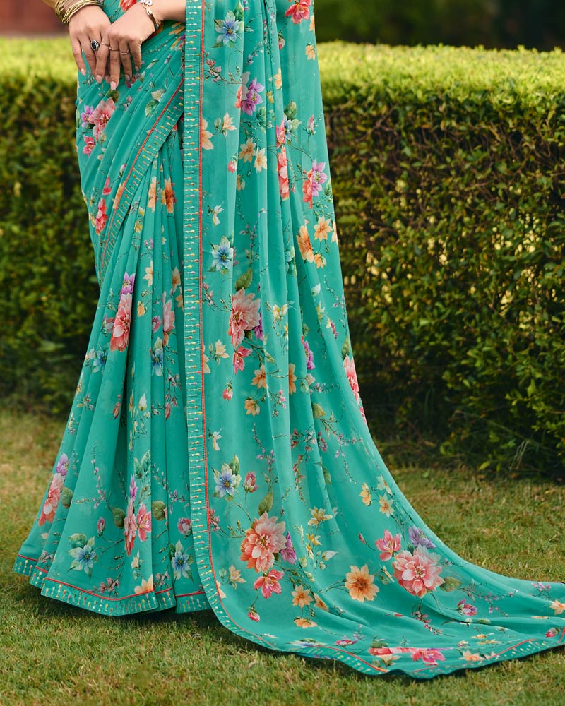 Vishal Prints Teal Green Digital Print Georgette Saree With Fancy Embroidery Border