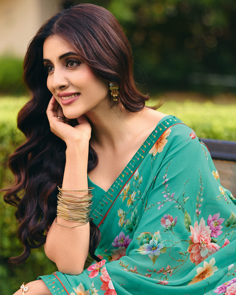 Vishal Prints Teal Green Digital Print Georgette Saree With Fancy Embroidery Border