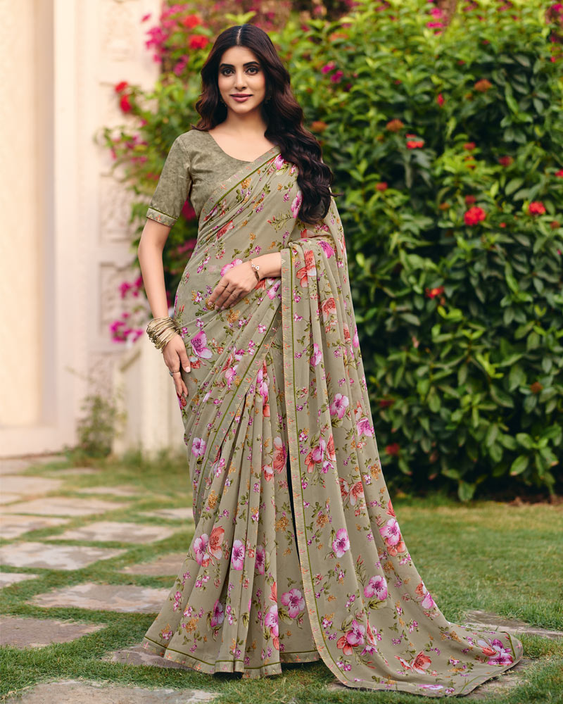 Vishal Prints Dusty Beige Digital Print Georgette Saree With Fancy Embroidery Border