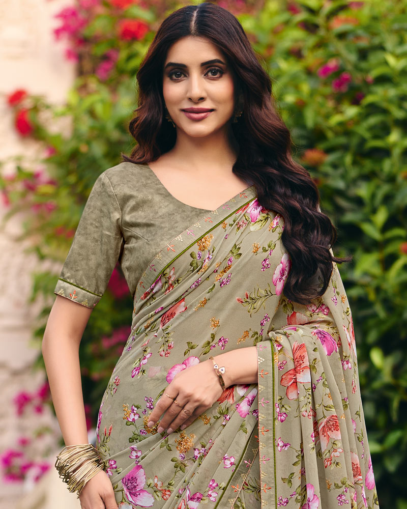 Vishal Prints Dusty Beige Digital Print Georgette Saree With Fancy Embroidery Border