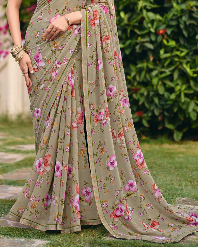 Vishal Prints Dusty Beige Digital Print Georgette Saree With Fancy Embroidery Border