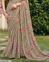 Vishal Prints Dusty Beige Digital Print Georgette Saree With Fancy Embroidery Border