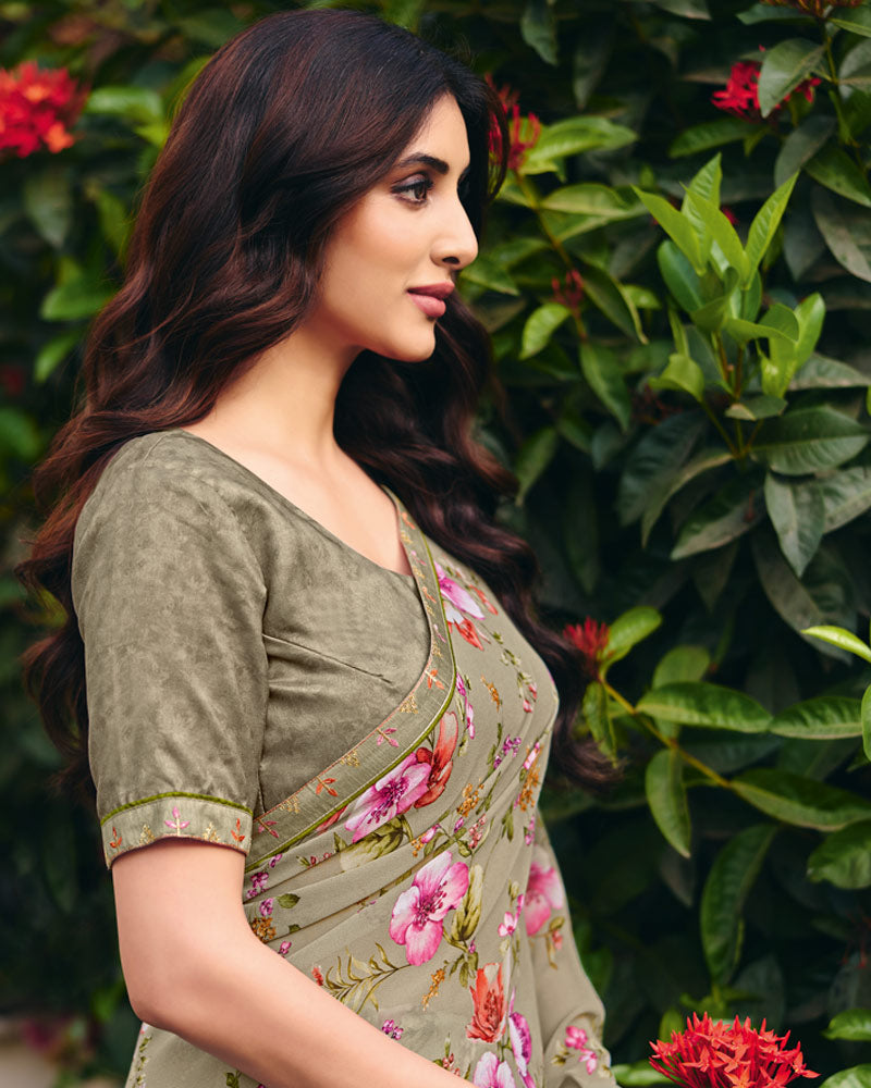 Vishal Prints Dusty Beige Digital Print Georgette Saree With Fancy Embroidery Border