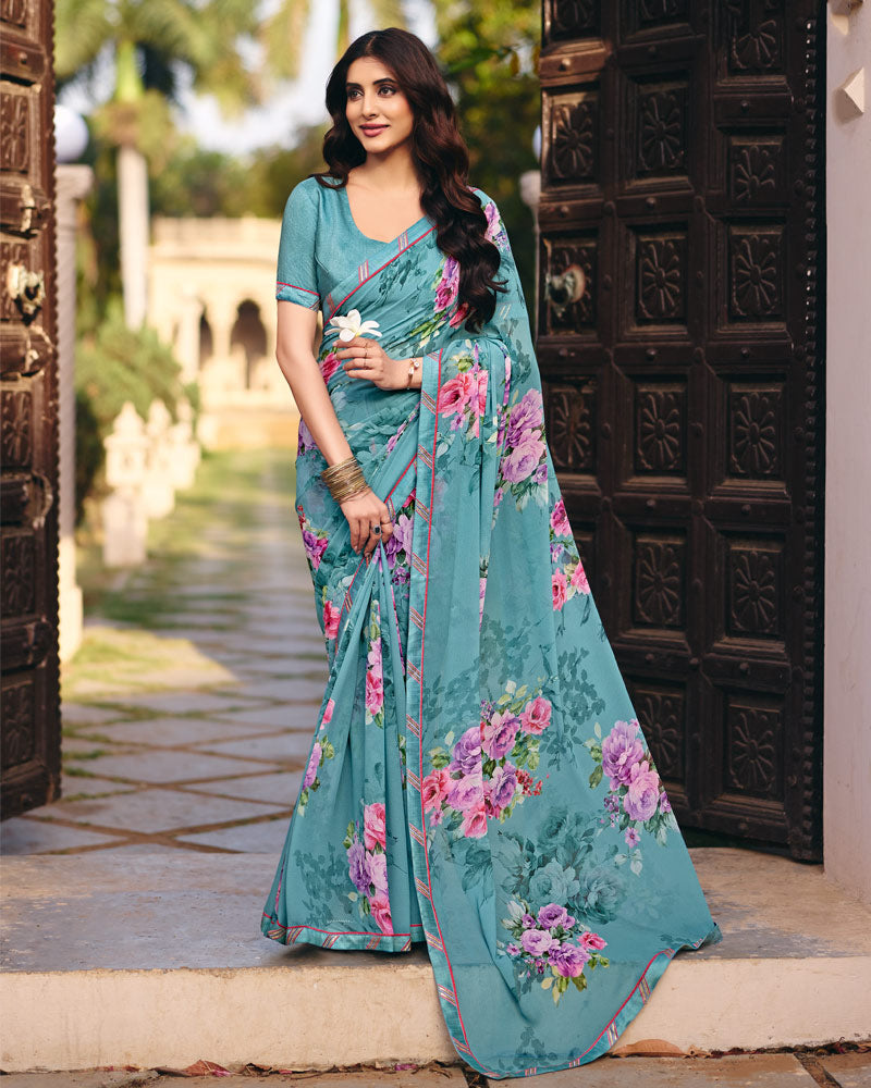 Vishal Prints Teal Blue Digital Print Georgette Saree With Fancy Embroidery Border