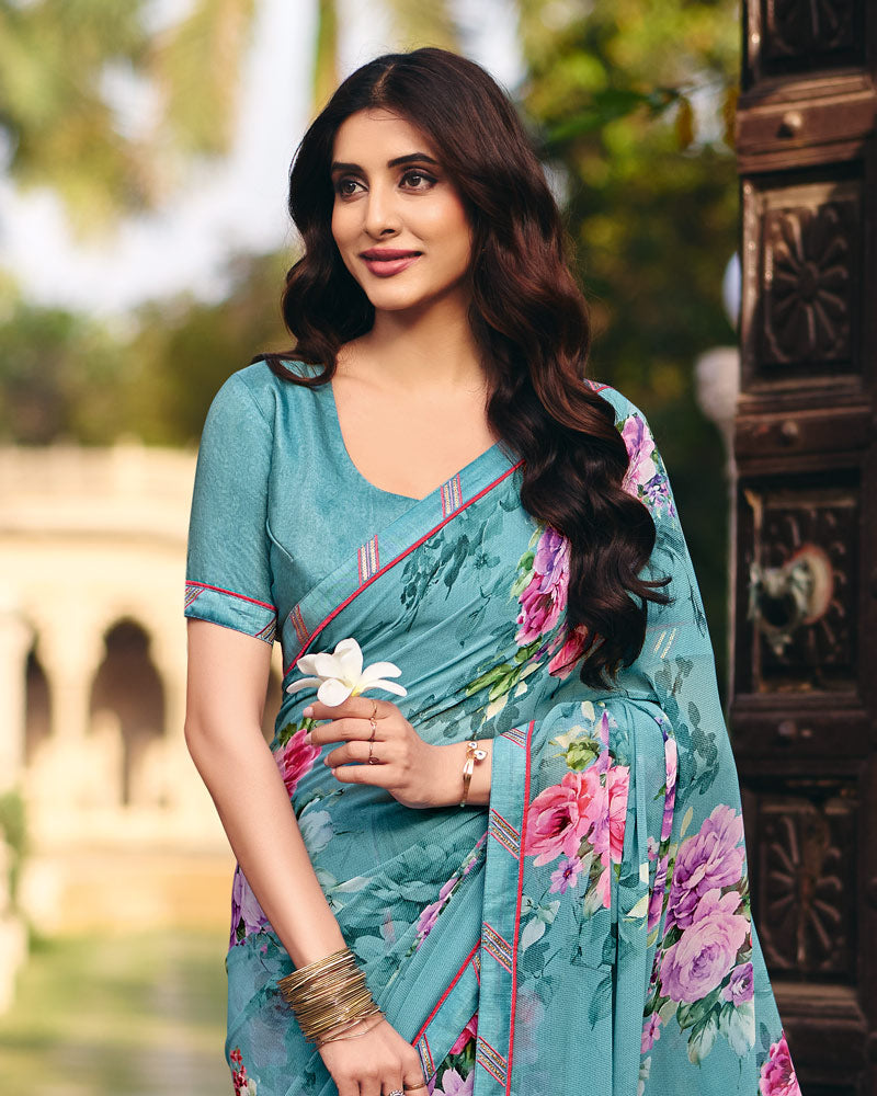 Vishal Prints Teal Blue Digital Print Georgette Saree With Fancy Embroidery Border