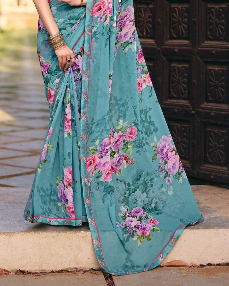 Vishal Prints Teal Blue Digital Print Georgette Saree With Fancy Embroidery Border