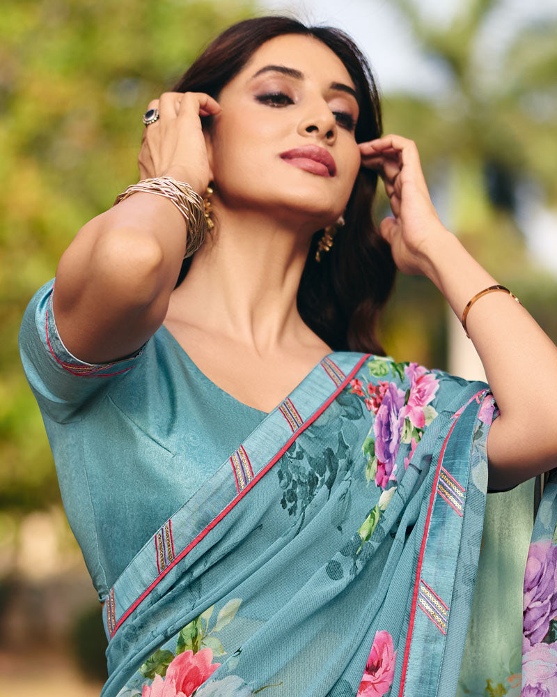 Vishal Prints Teal Blue Digital Print Georgette Saree With Fancy Embroidery Border