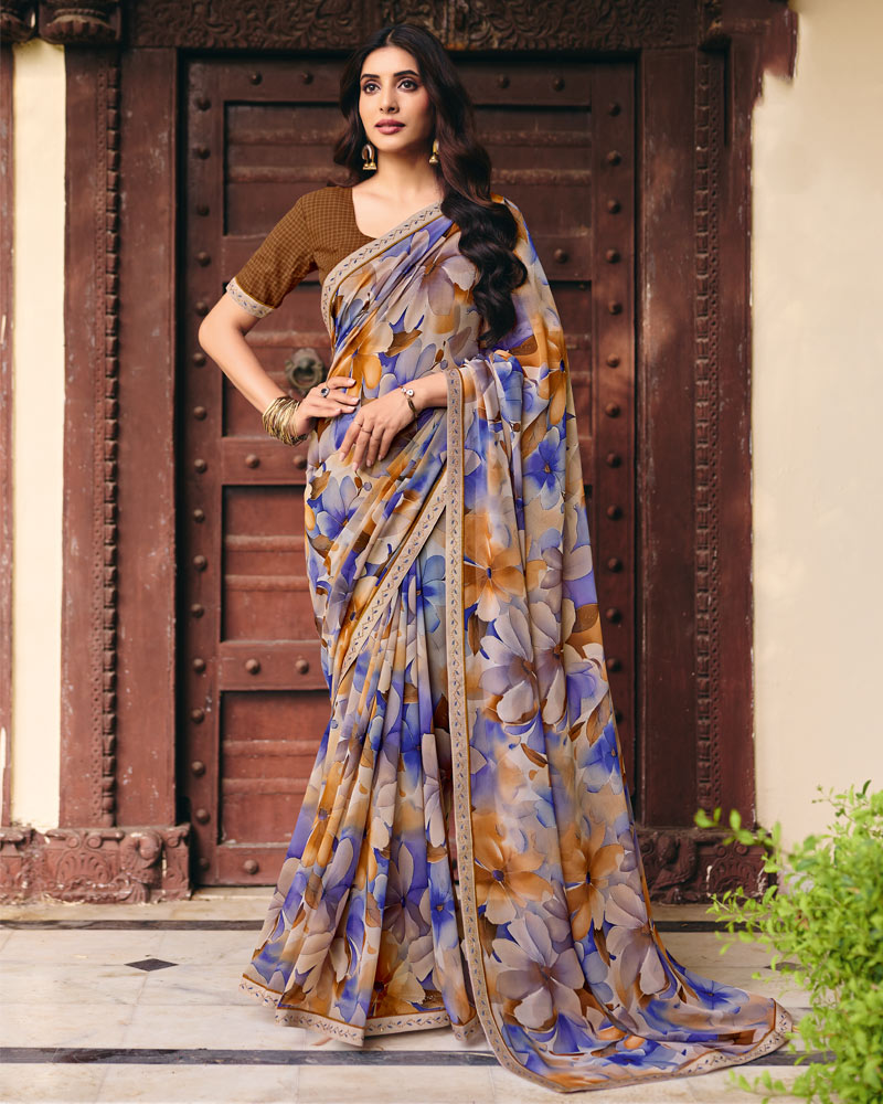 Vishal Prints Indigo Brown Digital Print Georgette Saree With Fancy Embroidery Border