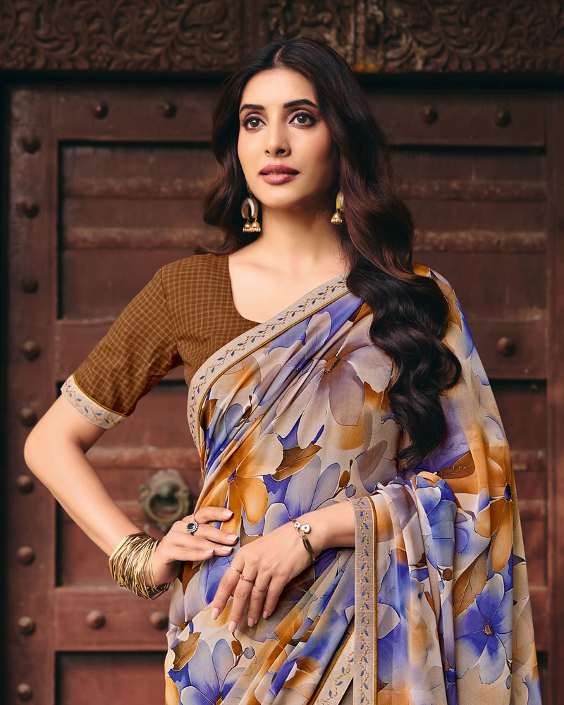 Vishal Prints Indigo Brown Digital Print Georgette Saree With Fancy Embroidery Border