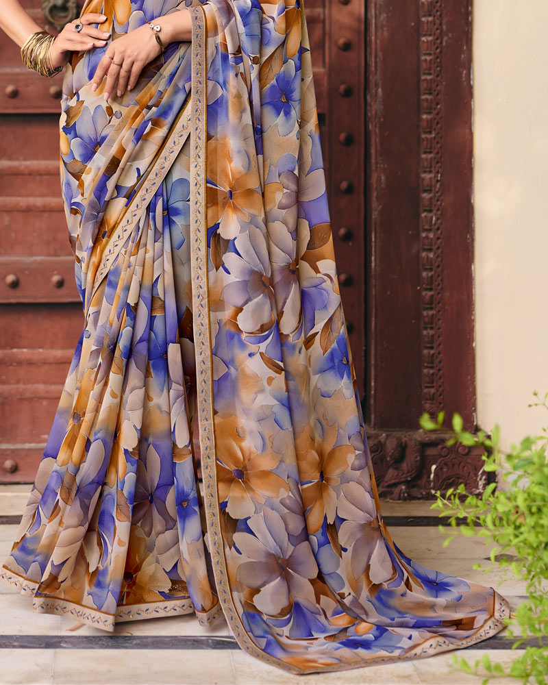 Vishal Prints Indigo Brown Digital Print Georgette Saree With Fancy Embroidery Border