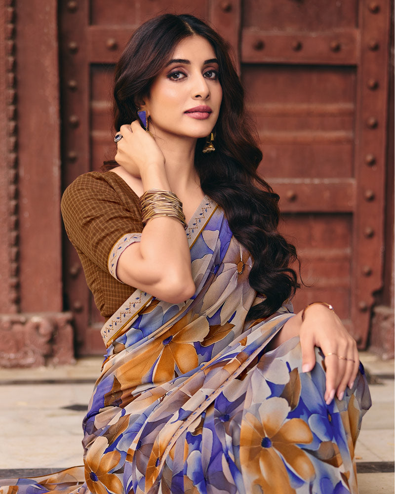 Vishal Prints Indigo Brown Digital Print Georgette Saree With Fancy Embroidery Border
