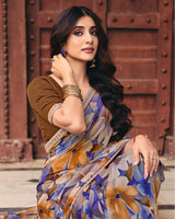 Vishal Prints Indigo Brown Digital Print Georgette Saree With Fancy Embroidery Border