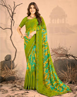 Vishal Prints Olive Green Printed Chiffon Saree With Fancy Border