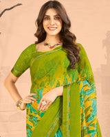 Vishal Prints Olive Green Printed Chiffon Saree With Fancy Border