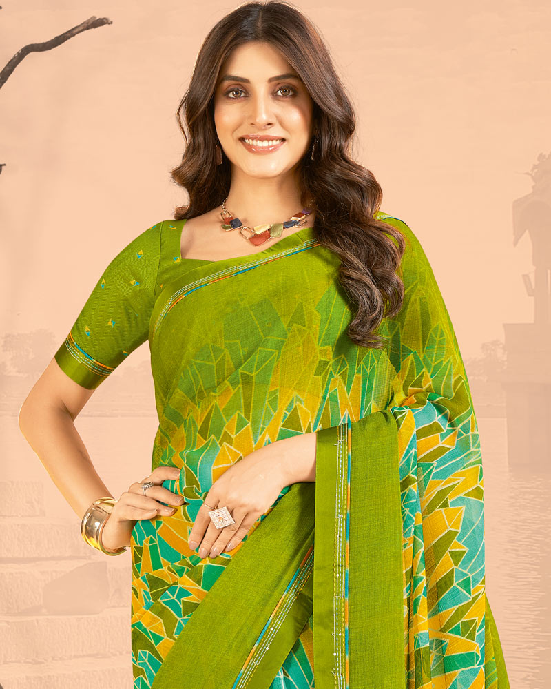 Vishal Prints Olive Green Printed Chiffon Saree With Fancy Border