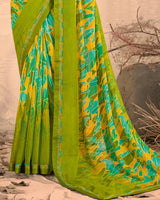 Vishal Prints Olive Green Printed Chiffon Saree With Fancy Border