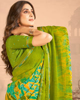 Vishal Prints Olive Green Printed Chiffon Saree With Fancy Border