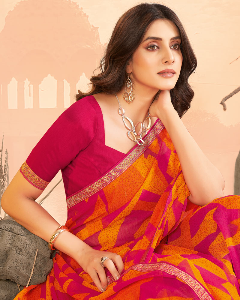 Vishal Prints Lipstick Pink Printed Chiffon Saree With Fancy Border