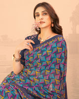 Vishal Prints Slate Grey Printed Chiffon Saree With Fancy Border