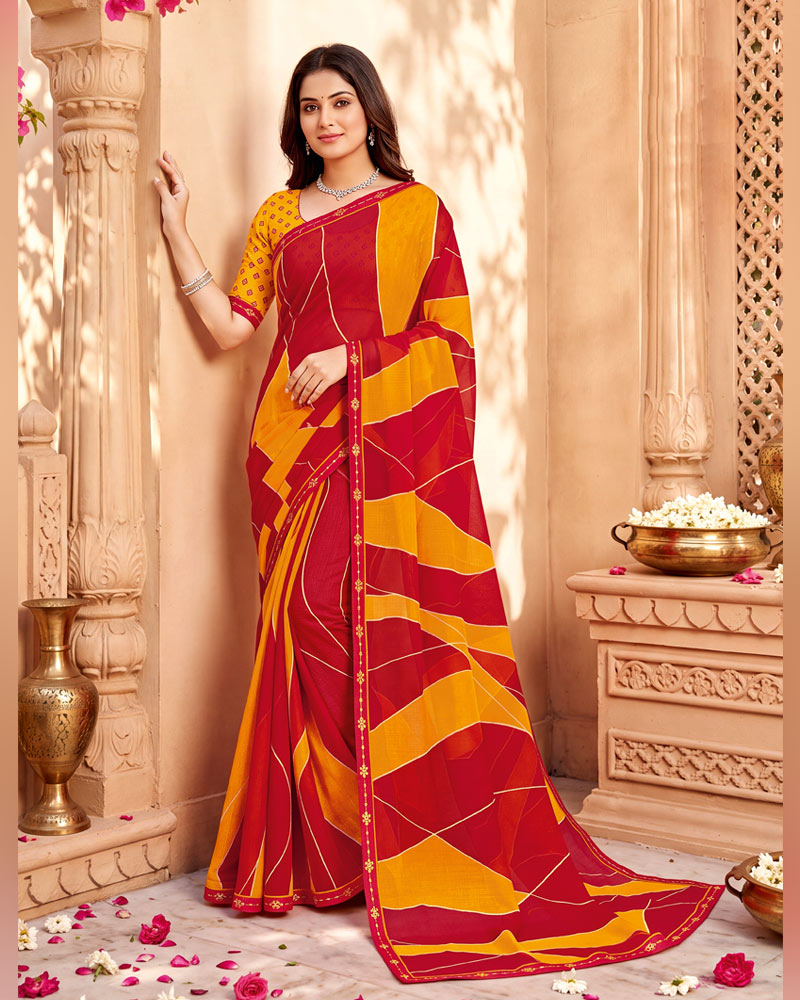 Vishal Prints Dark Orange And Lipstick Red Printed Chiffon Saree With Fancy Border