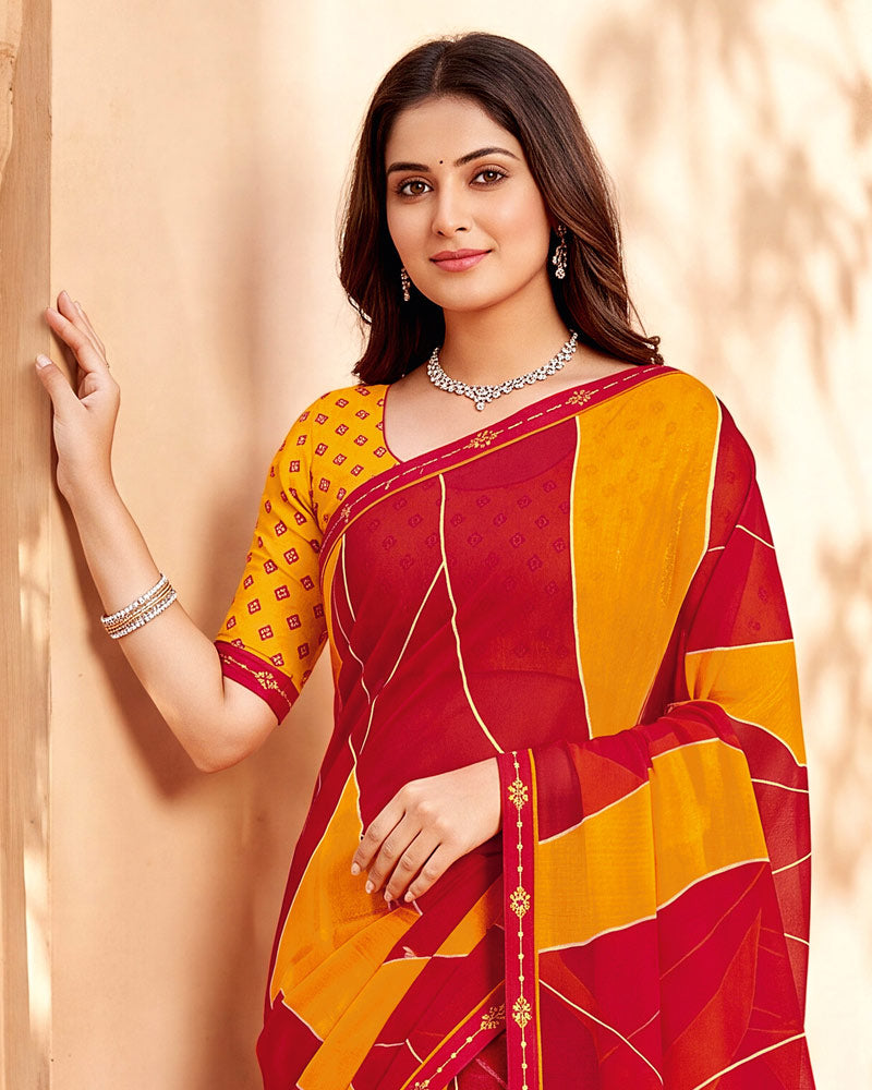 Vishal Prints Dark Orange And Lipstick Red Printed Chiffon Saree With Fancy Border