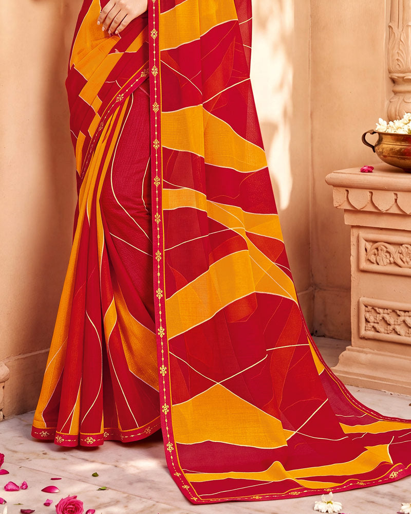 Vishal Prints Dark Orange And Lipstick Red Printed Chiffon Saree With Fancy Border