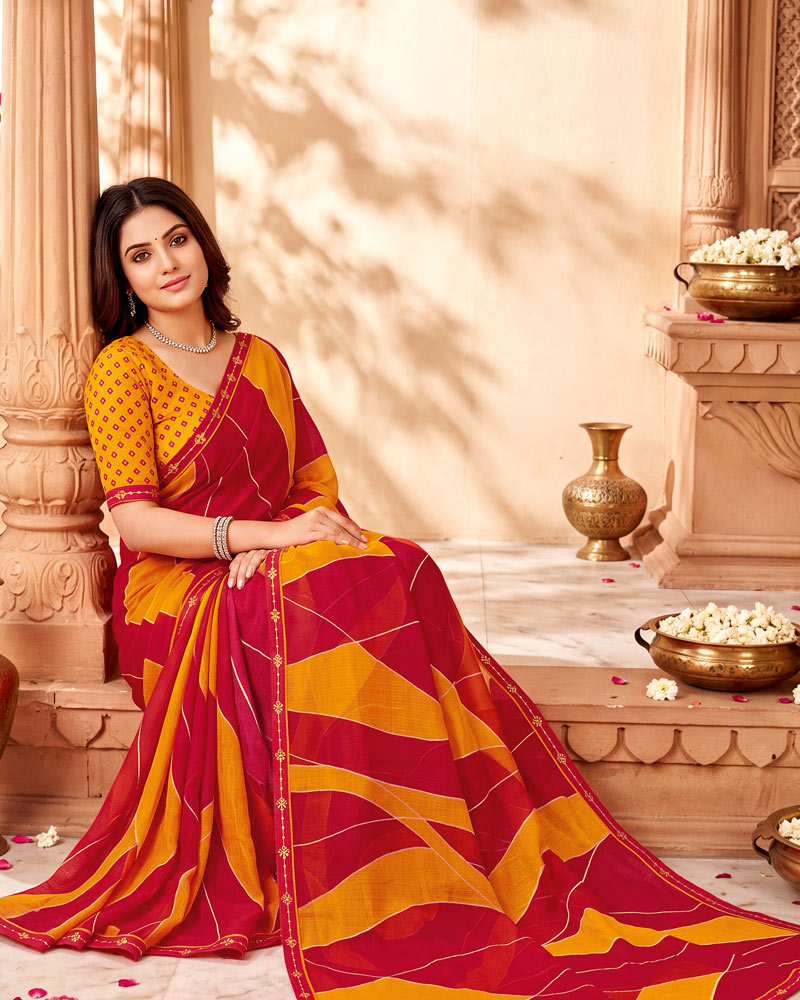 Vishal Prints Dark Orange And Lipstick Red Printed Chiffon Saree With Fancy Border