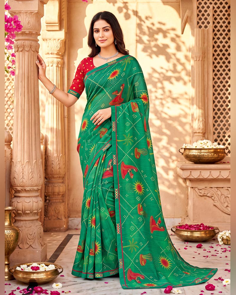 Vishal Prints Pine Green Printed Chiffon Saree With Fancy Border