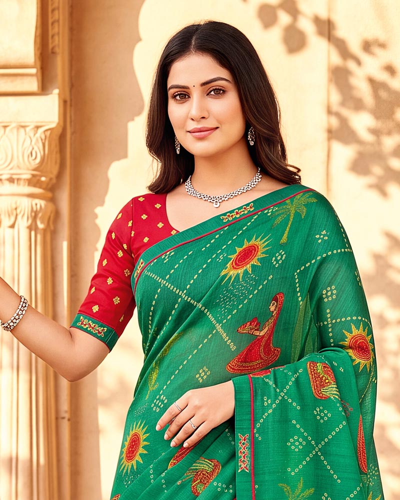 Vishal Prints Pine Green Printed Chiffon Saree With Fancy Border