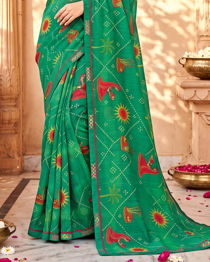 Vishal Prints Pine Green Printed Chiffon Saree With Fancy Border