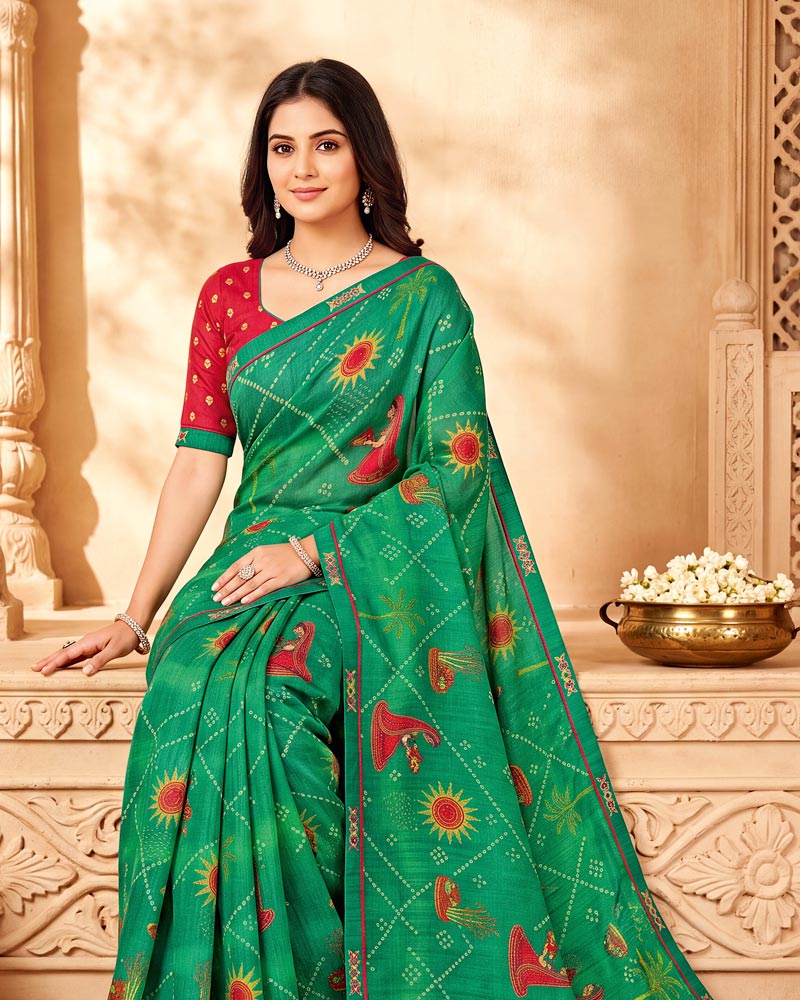 Vishal Prints Pine Green Printed Chiffon Saree With Fancy Border