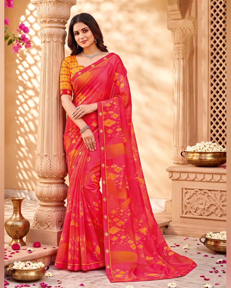 Vishal Prints Pinkish Red Printed Chiffon Saree With Fancy Border